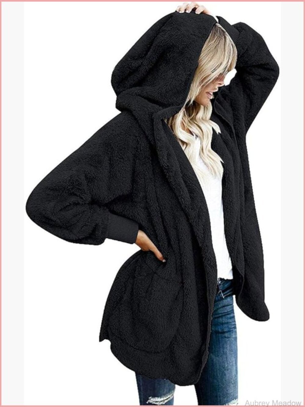 Women's Fuzzy Hooded Sherpa Cardigan Coat Open Front with Pockets